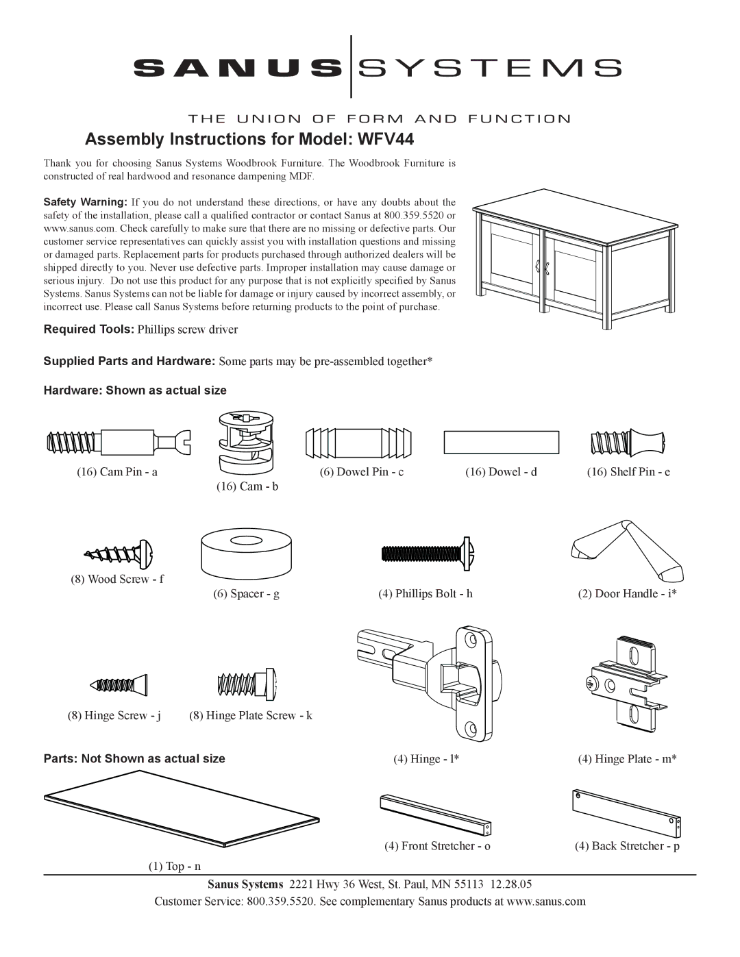 Sanus Systems WFV44 manual Hardware Shown as actual size, Parts Not Shown as actual size 