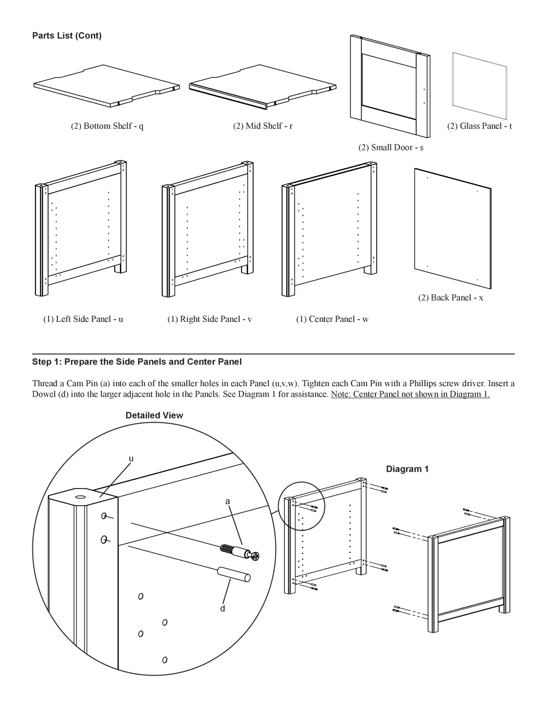 Sanus Systems WFV44 manual Parts List, Prepare the Side Panels and Center Panel, Detailed View Diagram 