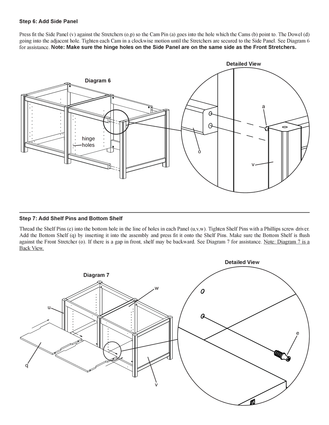 Sanus Systems WFV44 manual Add Side Panel, Detailed View Add Shelf Pins and Bottom Shelf 