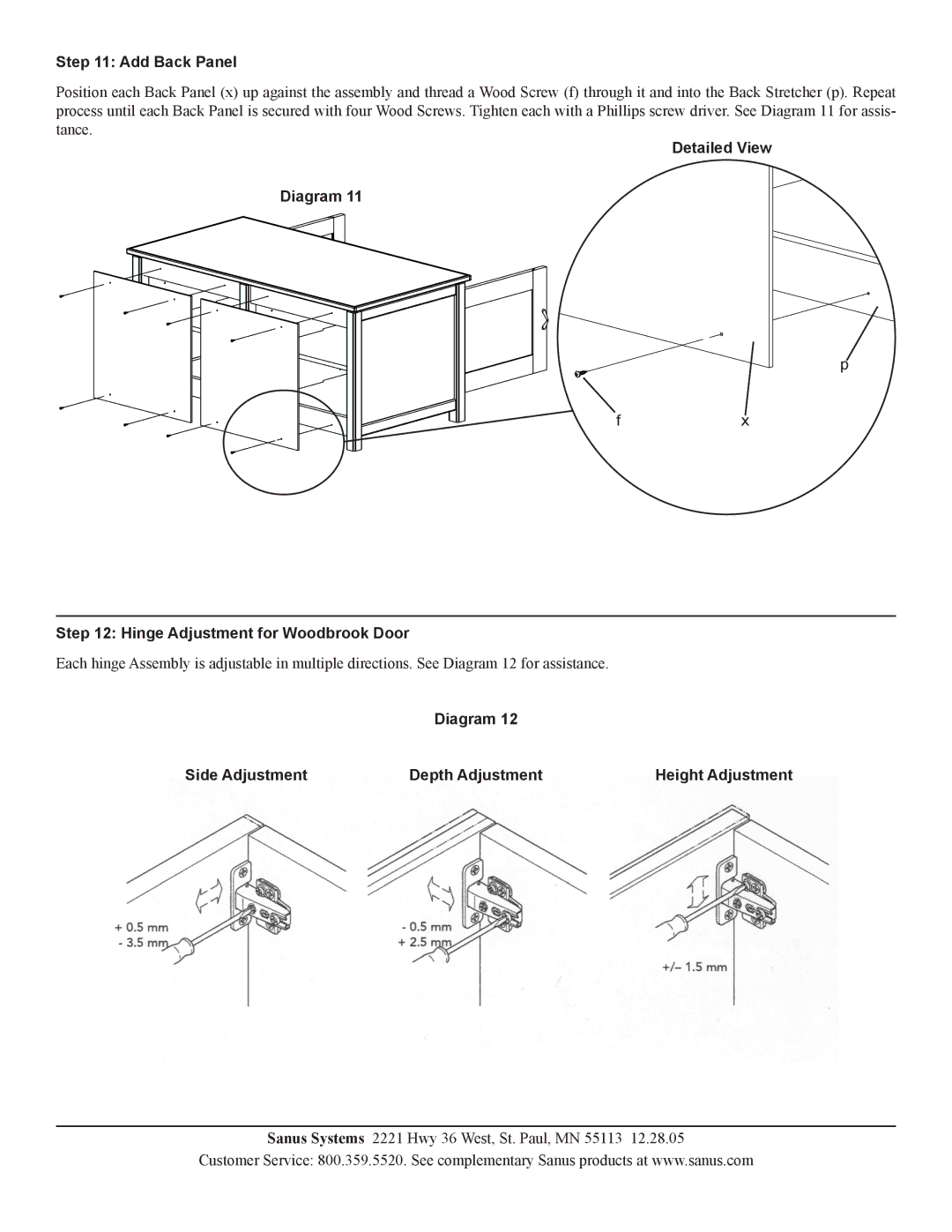 Sanus Systems WFV44 manual Add Back Panel, Detailed View Diagram Hinge Adjustment for Woodbrook Door 