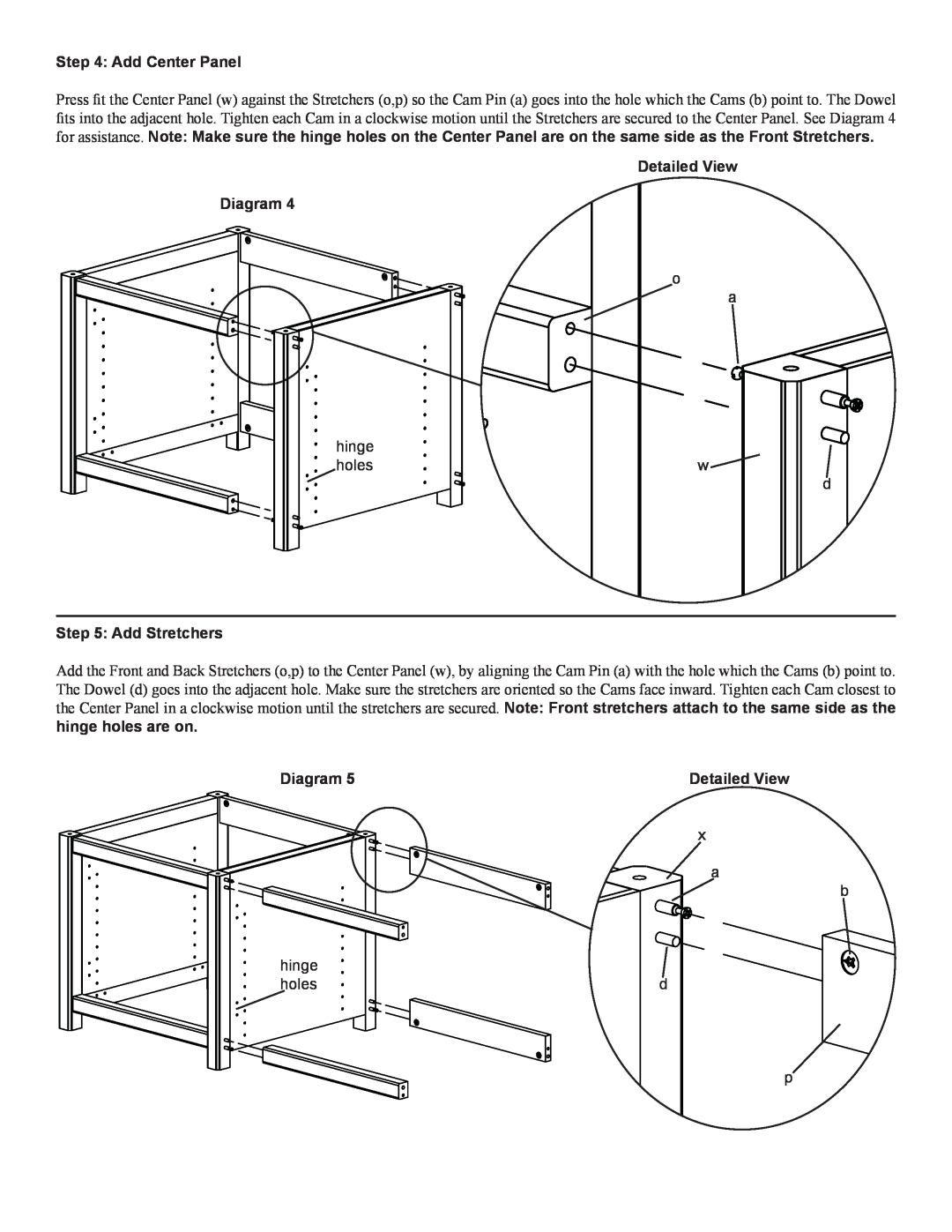 Sanus Systems WFV44 manual Add Center Panel, Add Stretchers, Detailed View Diagram 