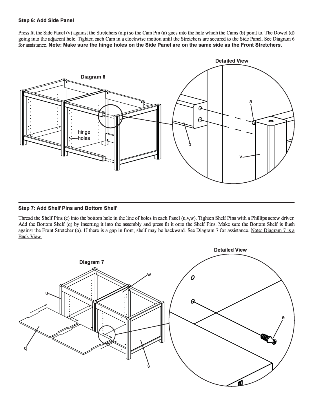 Sanus Systems WFV44 manual Add Side Panel, Add Shelf Pins and Bottom Shelf, Detailed View Diagram 