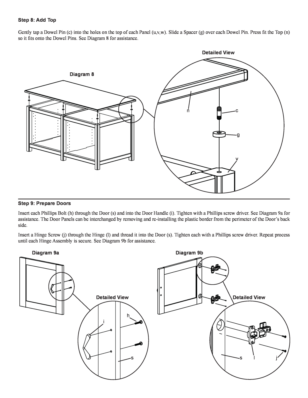 Sanus Systems WFV44 manual Add Top, Prepare Doors, Diagram 9a, Diagram 9b, Detailed View Diagram 