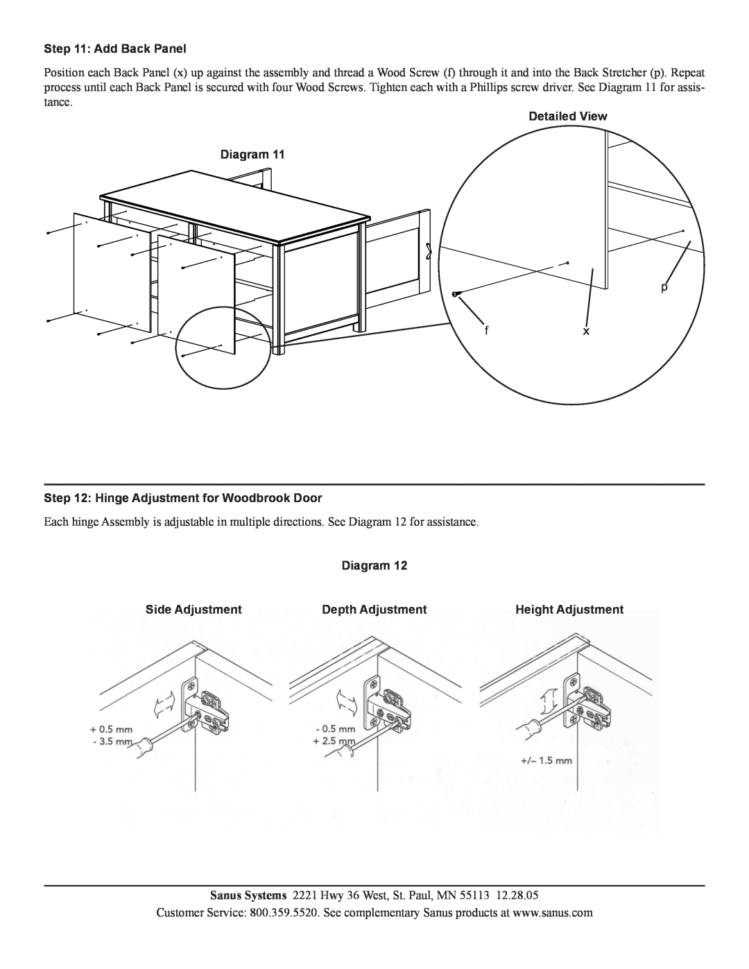 Sanus Systems WFV44 manual Add Back Panel, Hinge Adjustment for Woodbrook Door, Side Adjustment, Depth Adjustment, Diagram 