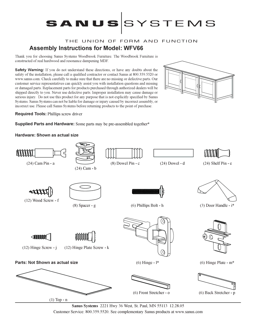 Sanus Systems WFV66 manual Hardware Shown as actual size, Parts Not Shown as actual size 