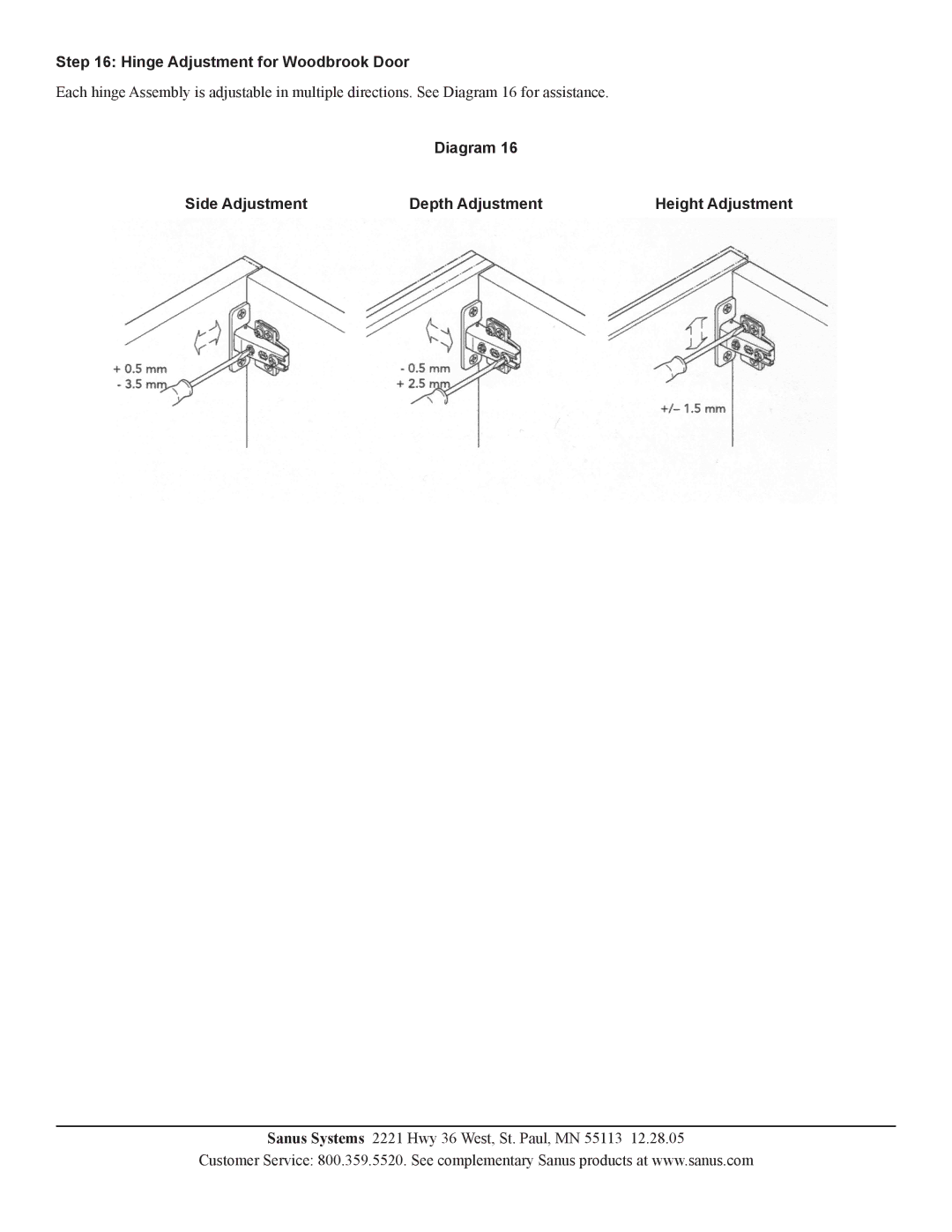 Sanus Systems WFV66 manual Hinge Adjustment for Woodbrook Door, Diagram Side Adjustment Depth Adjustment Height Adjustment 