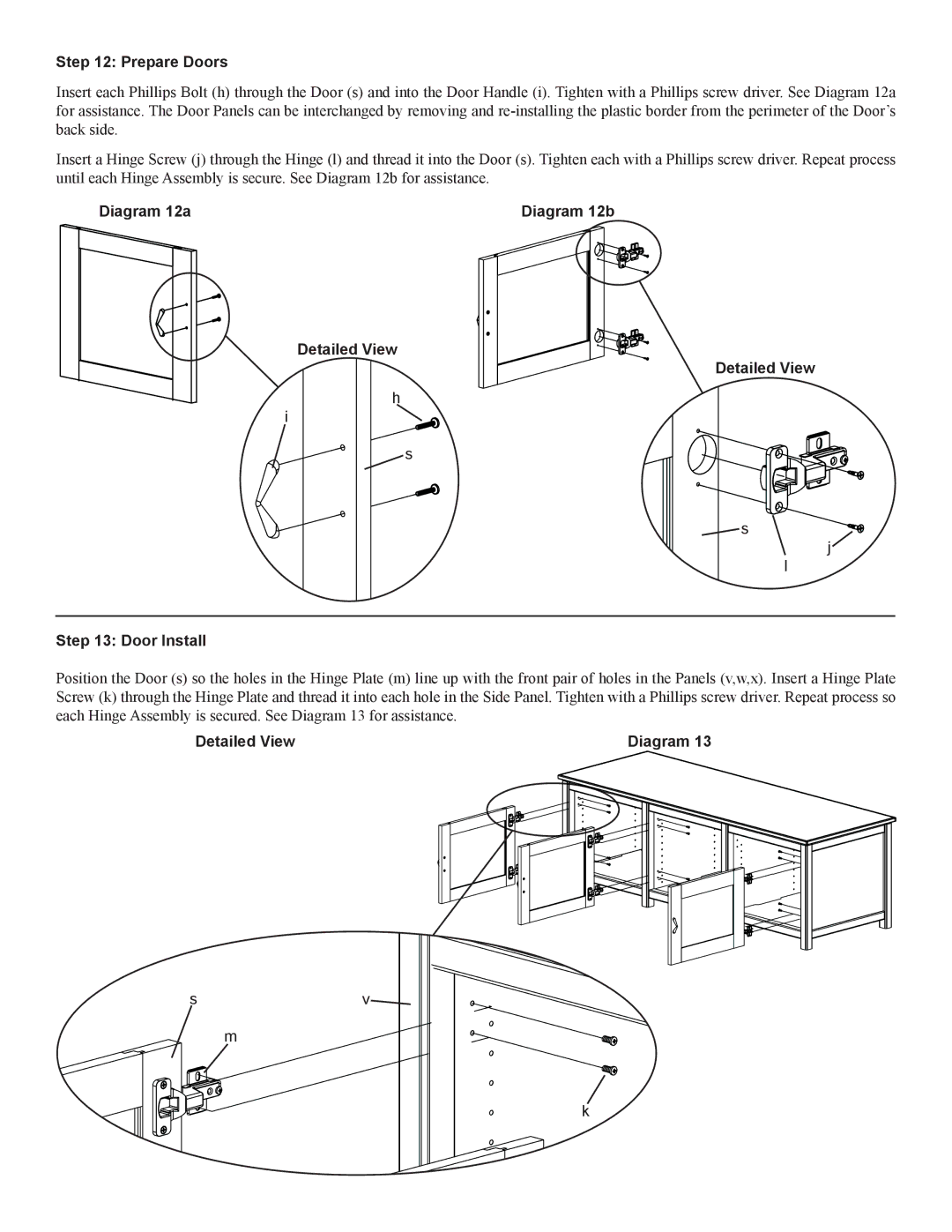 Sanus Systems WFV66 manual Prepare Doors, Diagram 12a Diagram 12b Detailed View Door Install, Detailed View Diagram 