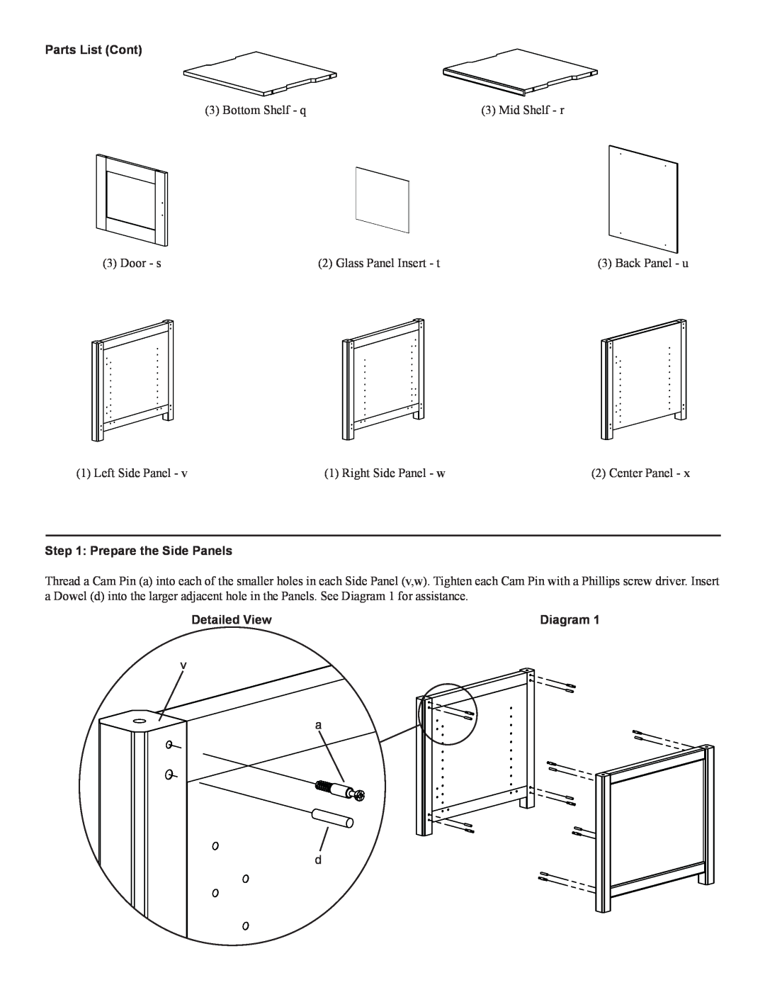 Sanus Systems WFV66 manual Parts List Cont, Prepare the Side Panels, Detailed View 