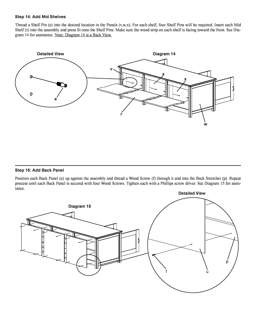 Sanus Systems WFV66 manual Add Mid Shelves, v x x e r w Add Back Panel, Detailed View Diagram 