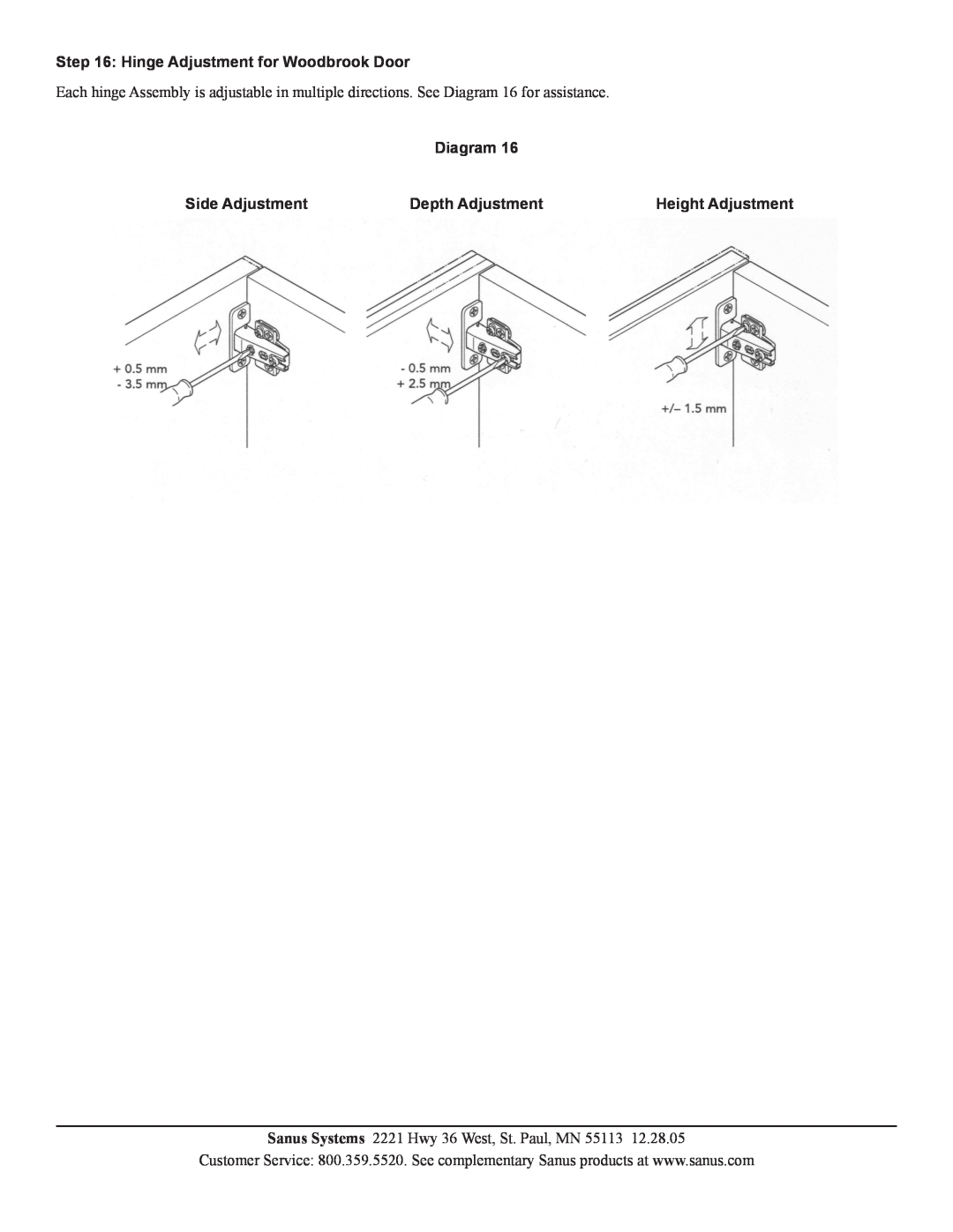 Sanus Systems WFV66 Hinge Adjustment for Woodbrook Door, Side Adjustment, Depth Adjustment, Height Adjustment, Diagram 
