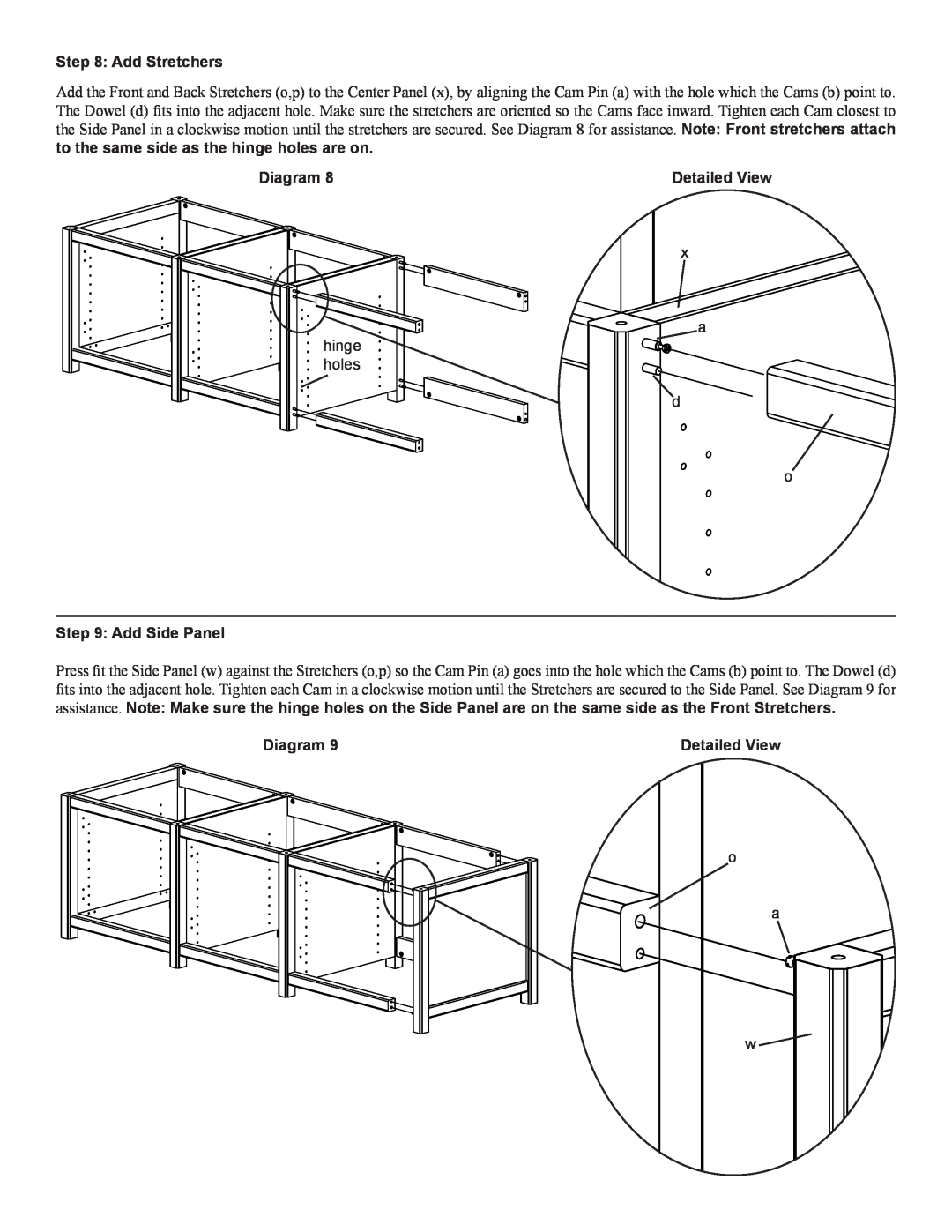 Sanus Systems WFV66 manual Add Stretchers, x a hinge holes d o, Add Side Panel, Diagram 