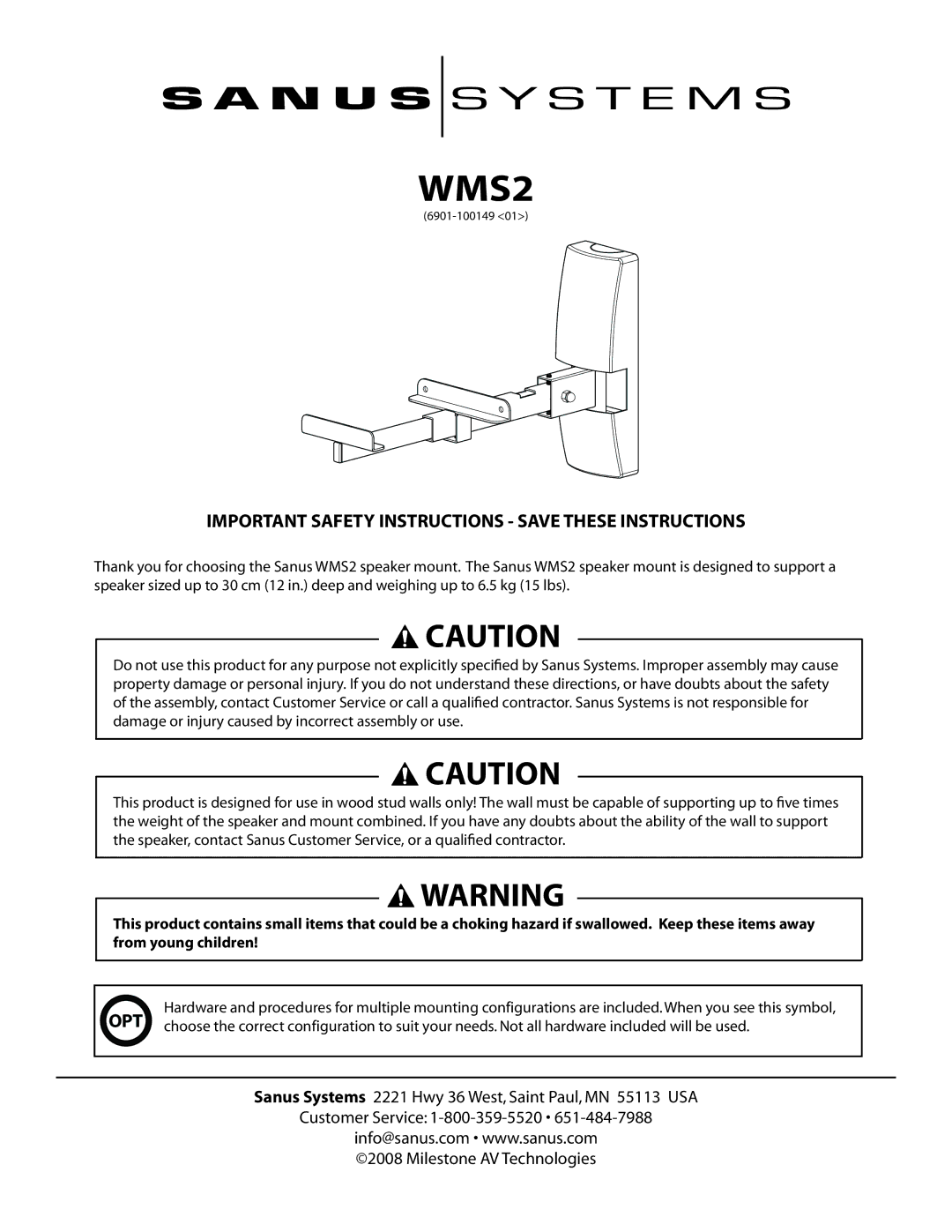 Sanus Systems WMS2 important safety instructions 