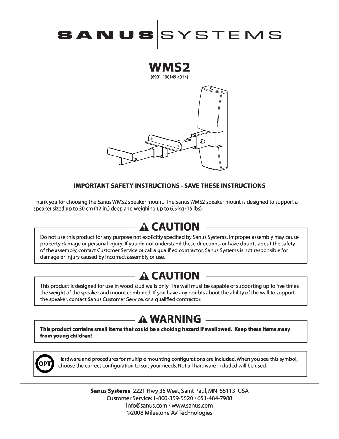 Sanus Systems WMS2 important safety instructions 