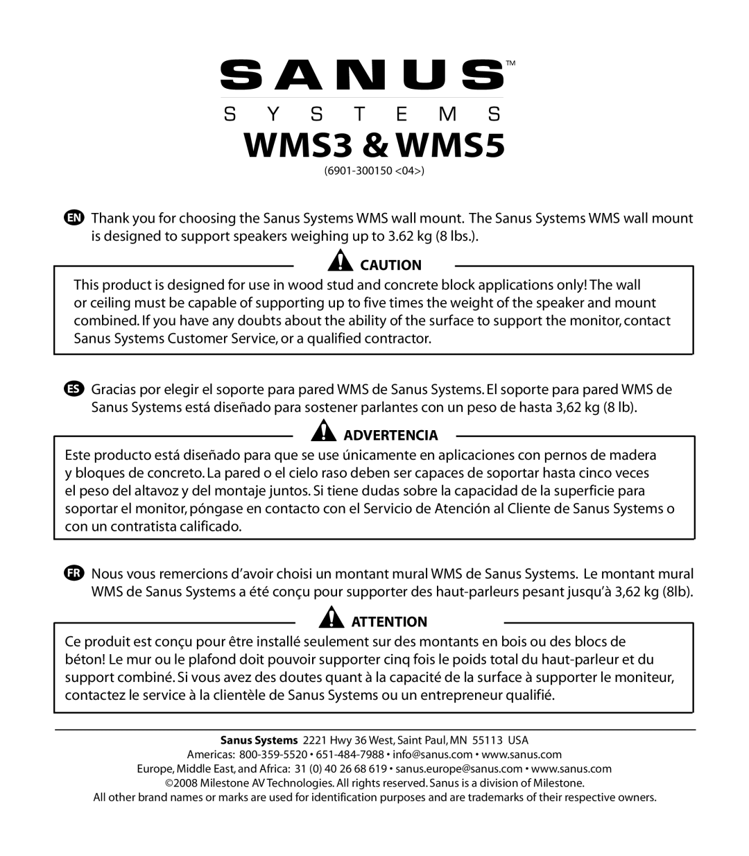 Sanus Systems manual WMS3 & WMS5 