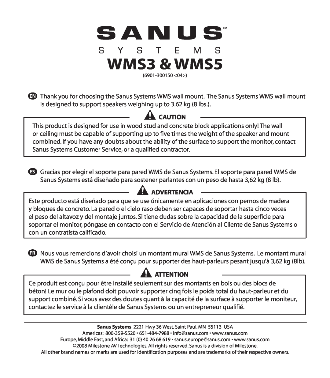 Sanus Systems manual WMS3 & WMS5, Advertencia 