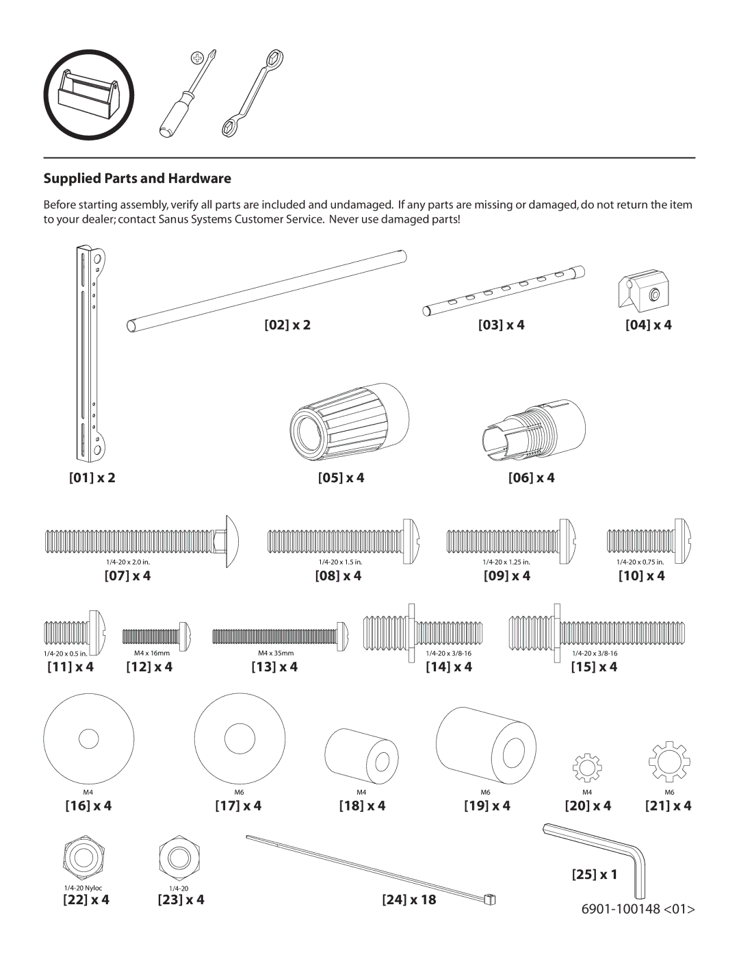 Sanus Systems XAS1A manual Supplied Parts and Hardware, 02 x 03 x, 01 x 05 x, 07 x 08 x 09 x, 11 x 12 x, 14 x, 25 x 