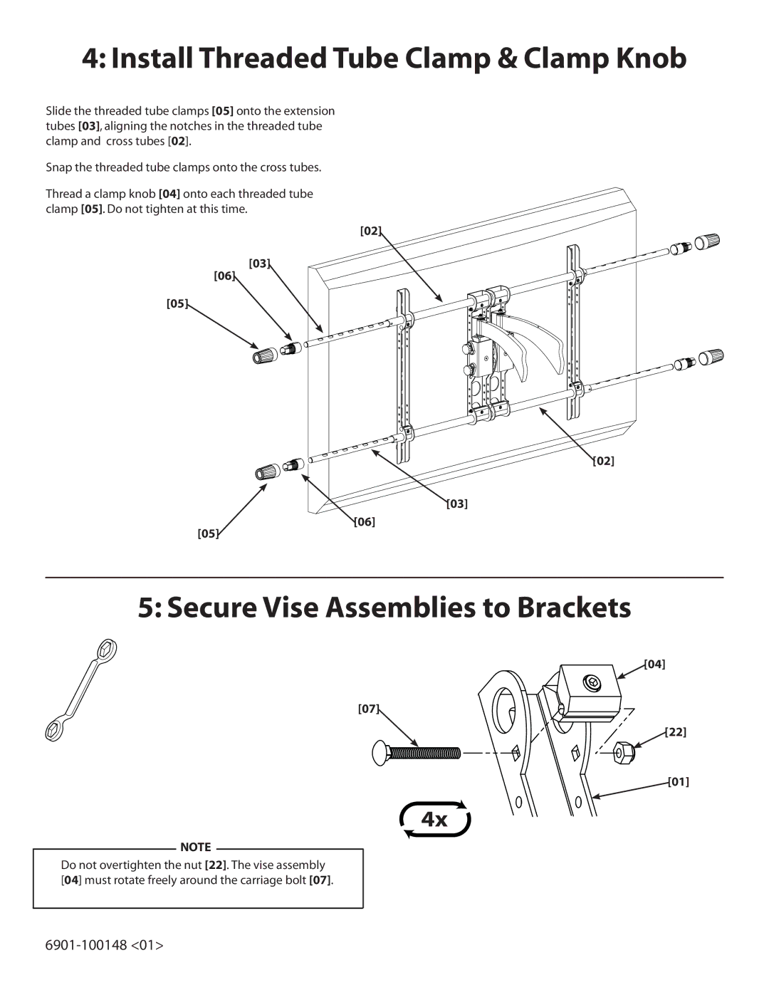 Sanus Systems XAS1A manual Install Threaded Tube Clamp & Clamp Knob, Secure Vise Assemblies to Brackets 