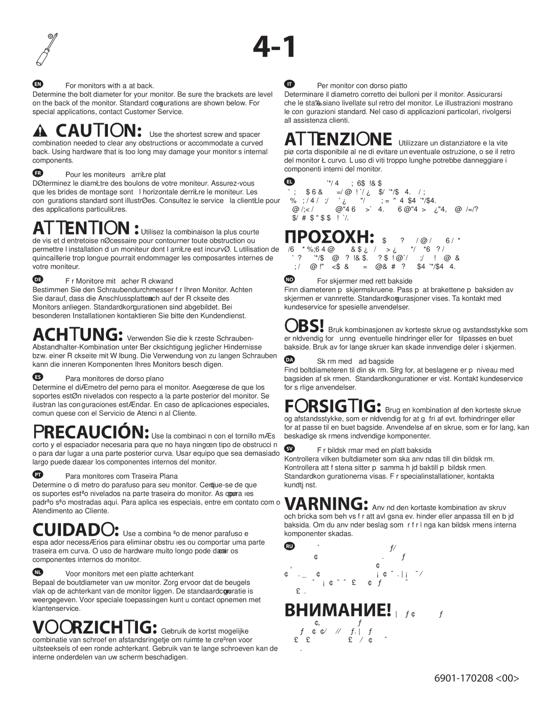 Sanus Systems XF228 important safety instructions ES Para monitores de dorso plano, DA Skærm med flad bagside 