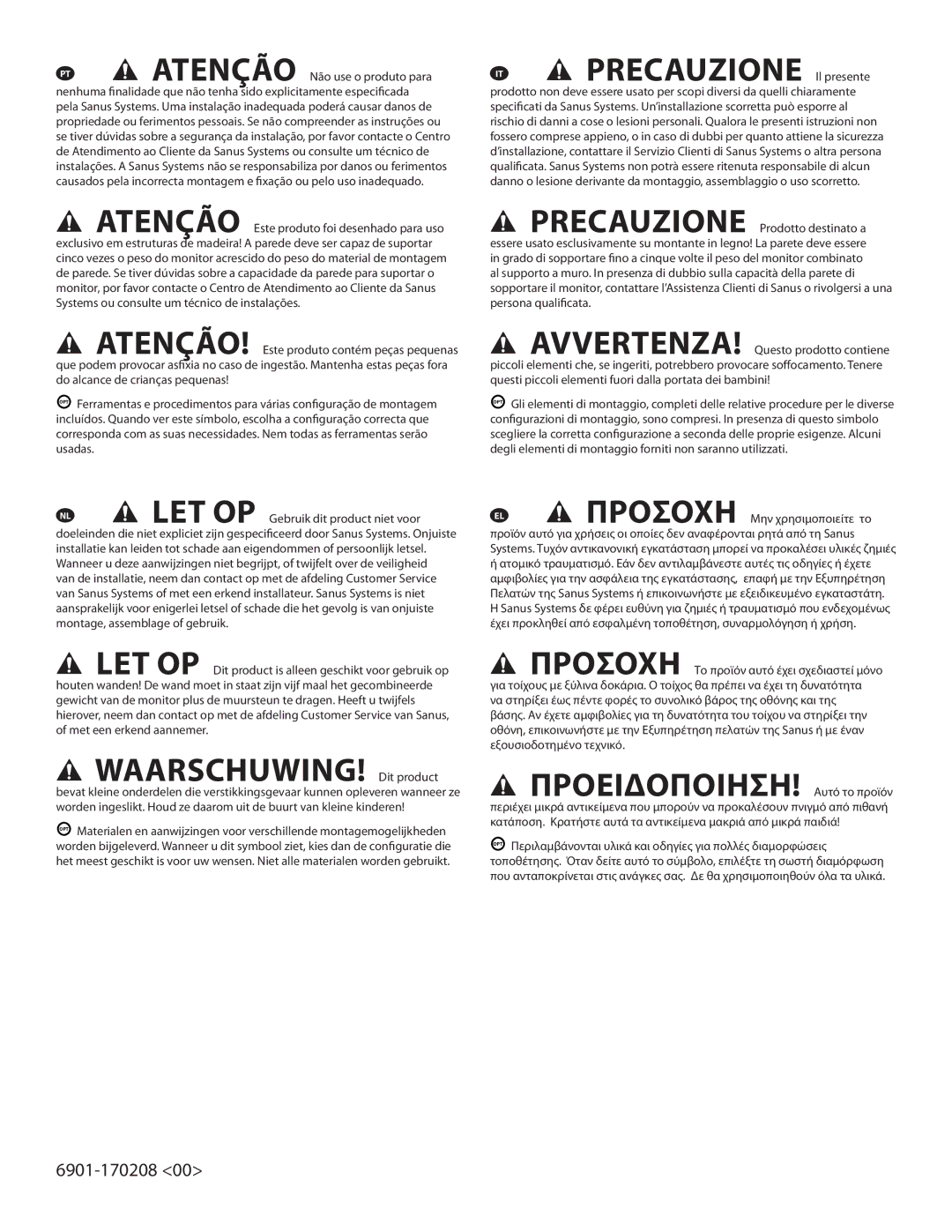 Sanus Systems XF228 important safety instructions WAARSCHUWING! Dit product 