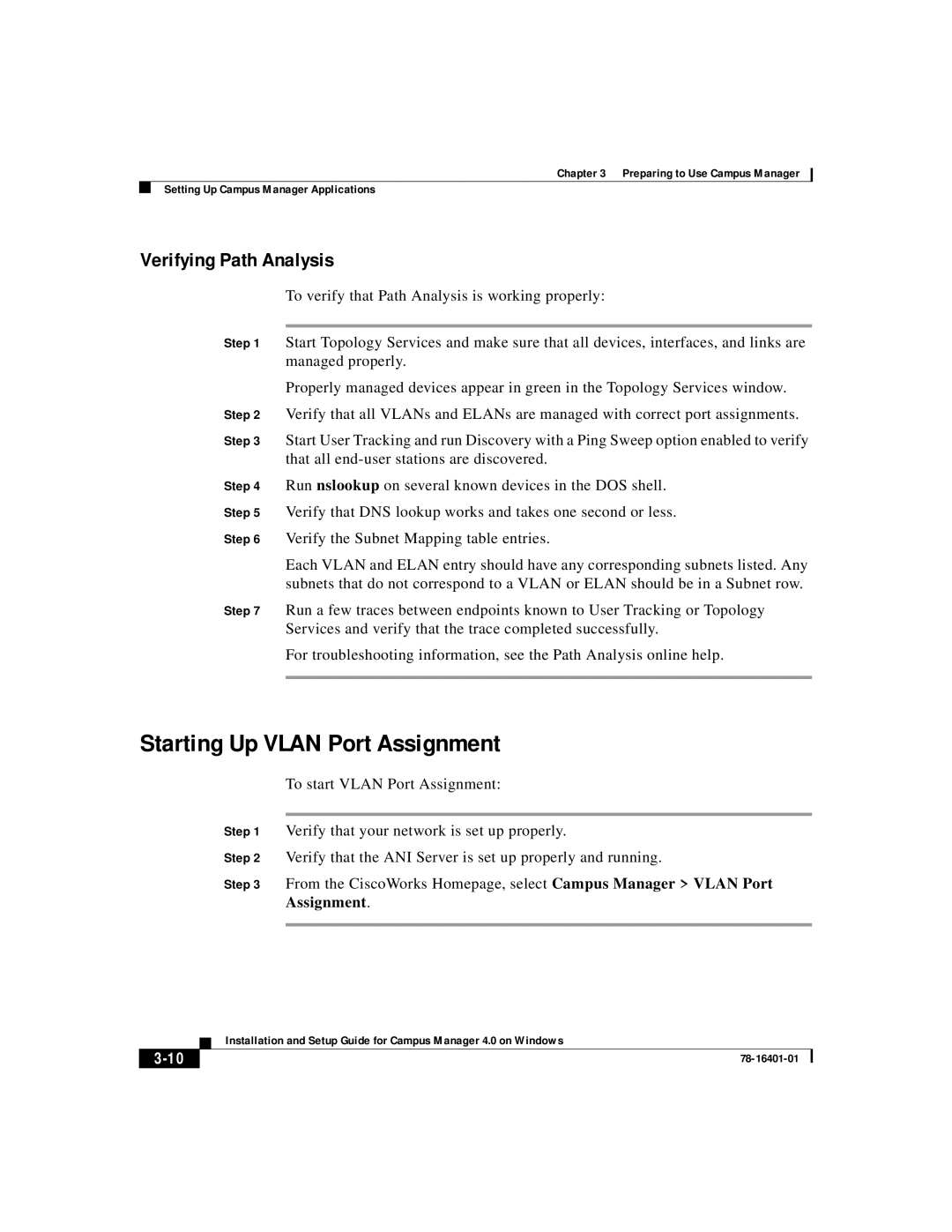 Sanyei America 78-16401-01 setup guide Starting Up Vlan Port Assignment, Verifying Path Analysis 