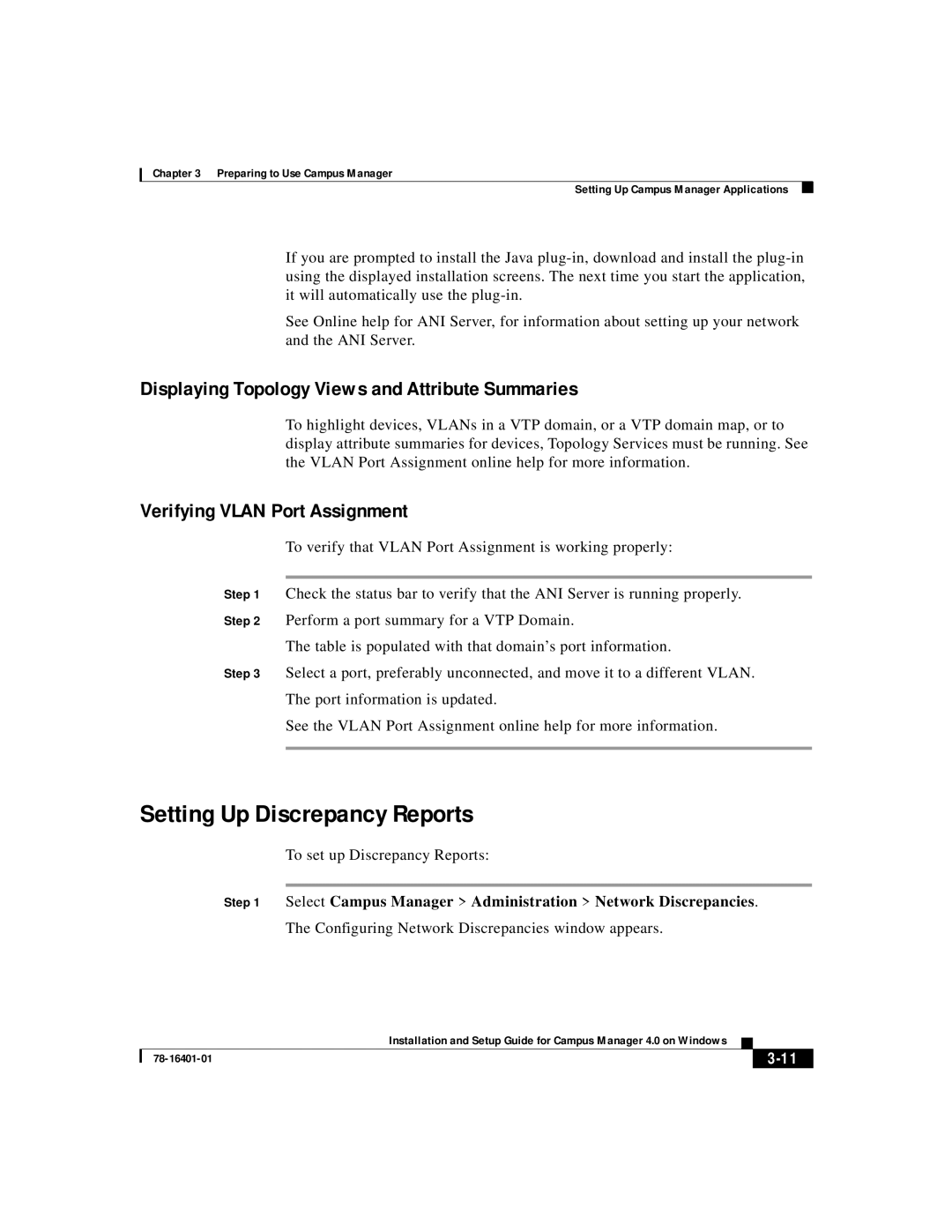 Sanyei America 78-16401-01 setup guide Setting Up Discrepancy Reports, Displaying Topology Views and Attribute Summaries 