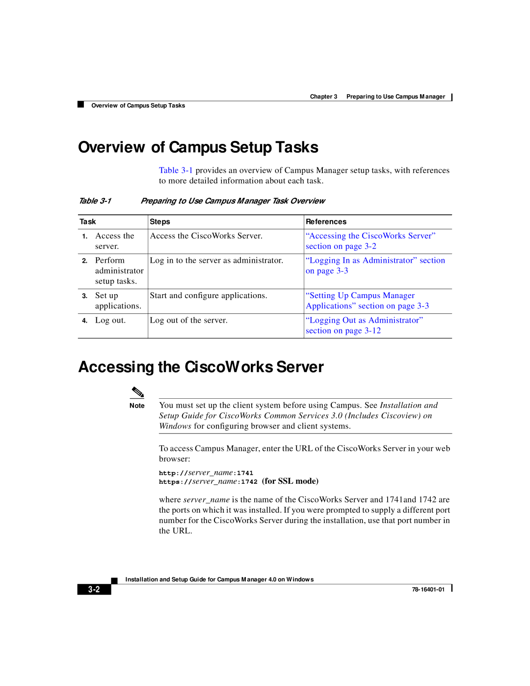 Sanyei America 78-16401-01 setup guide Overview of Campus Setup Tasks, Accessing the CiscoWorks Server 