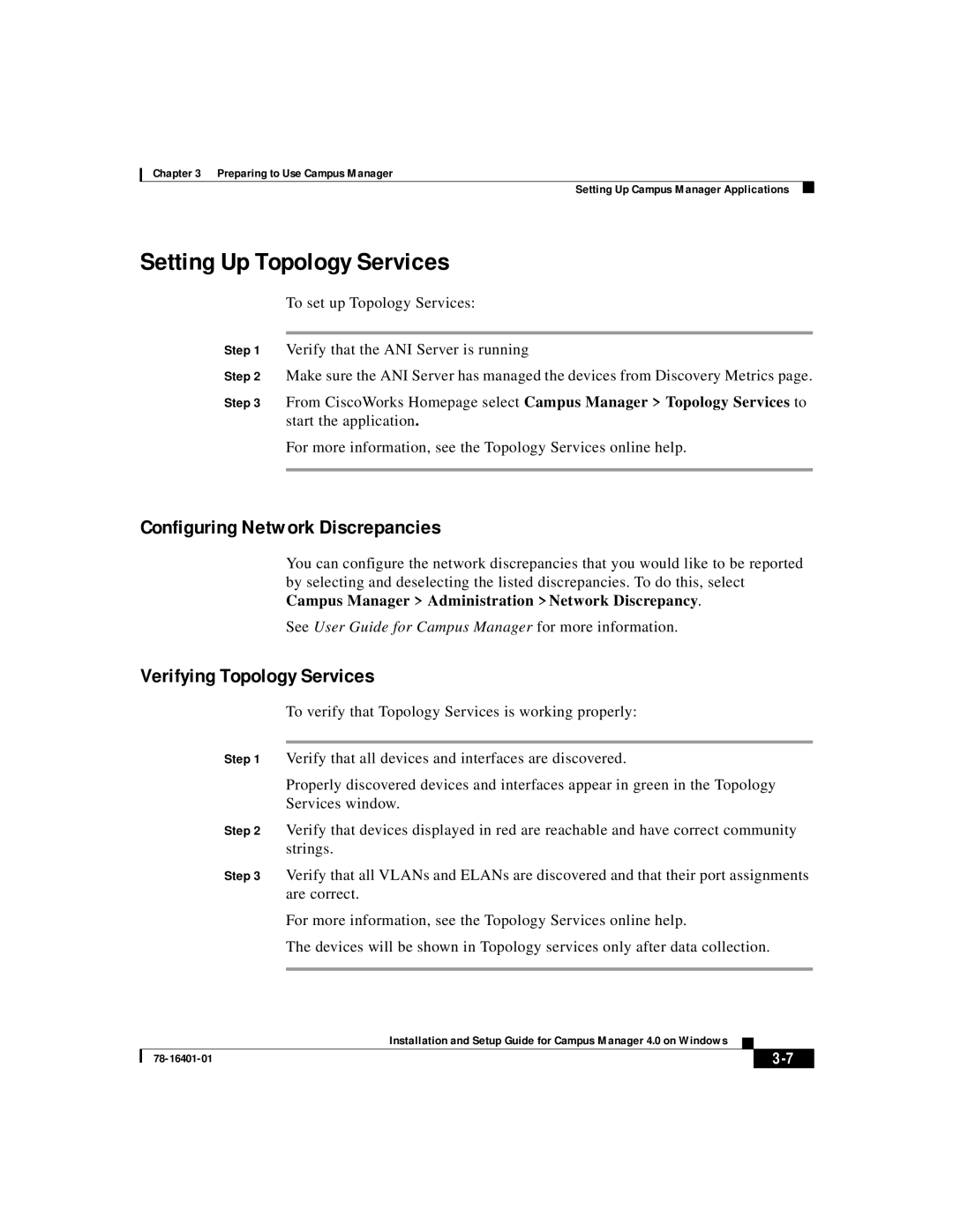 Sanyei America 78-16401-01 Setting Up Topology Services, Configuring Network Discrepancies, Verifying Topology Services 