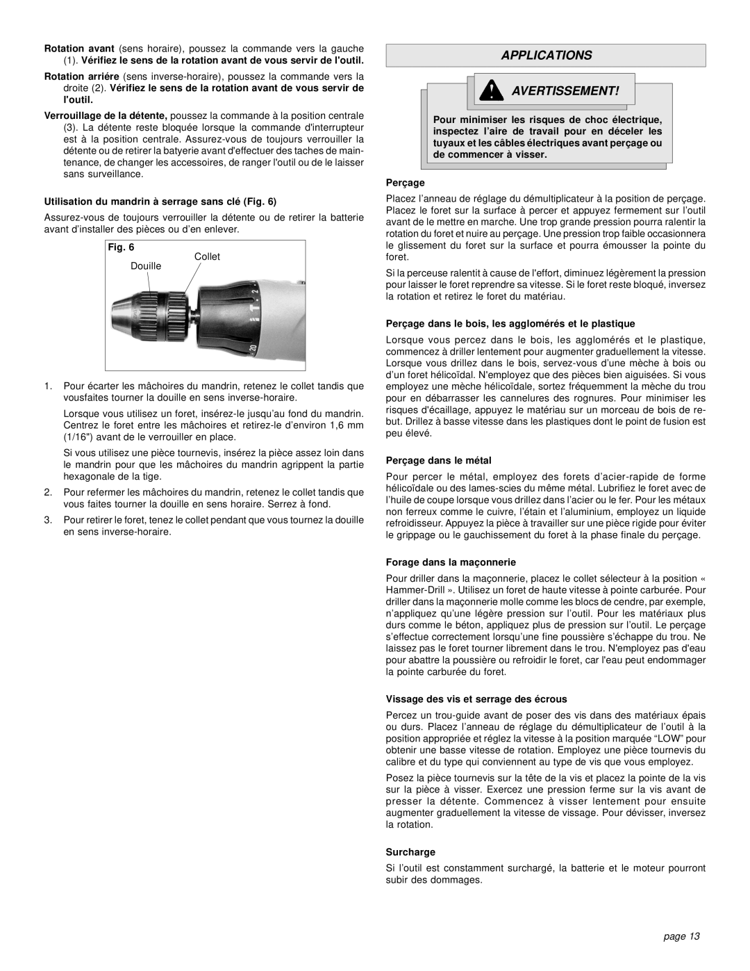 Sanyo 0523-20, 0524-20 manual Applications Avertissement 