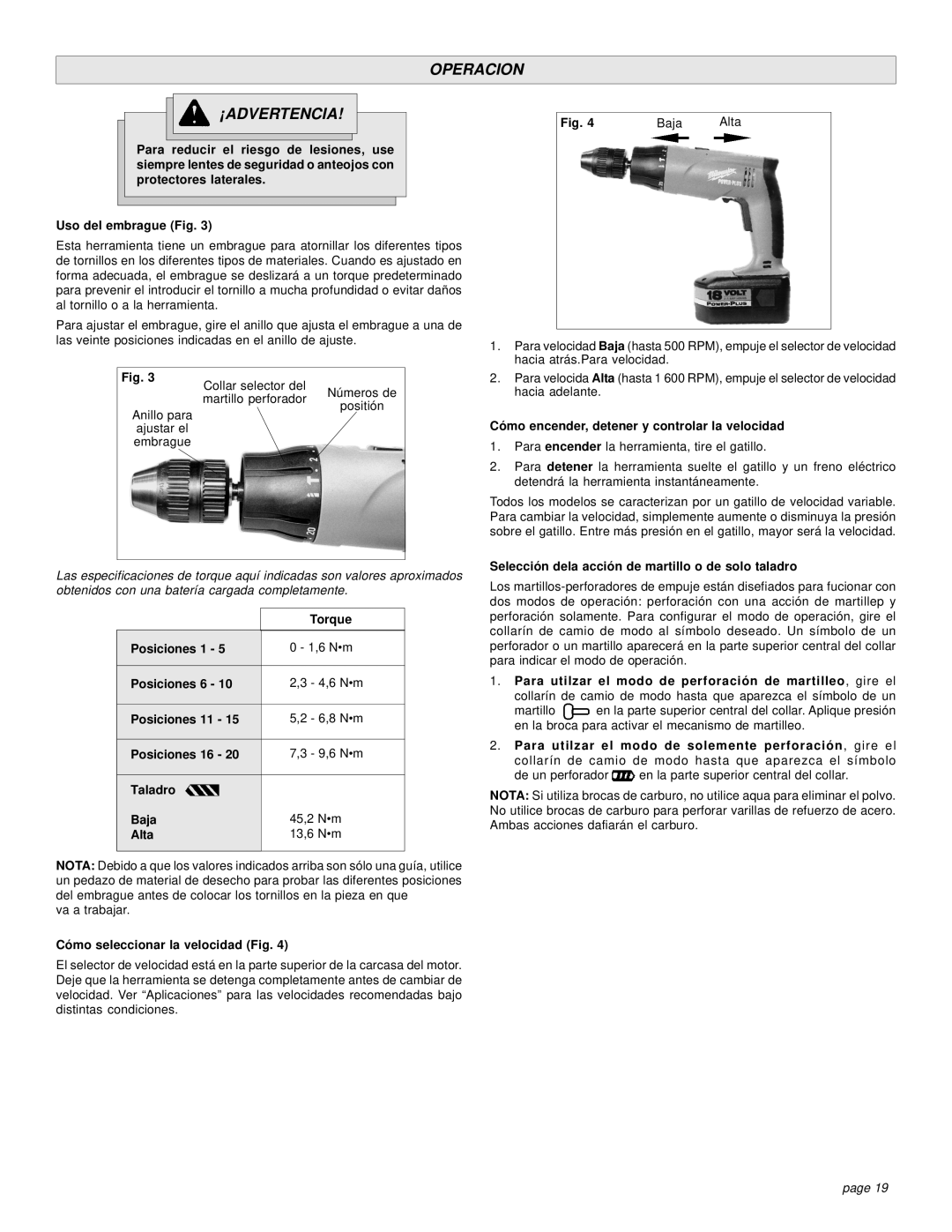 Sanyo 0523-20 Operacion ¡ADVERTENCIA, Cómo seleccionar la velocidad Fig, Cómo encender, detener y controlar la velocidad 