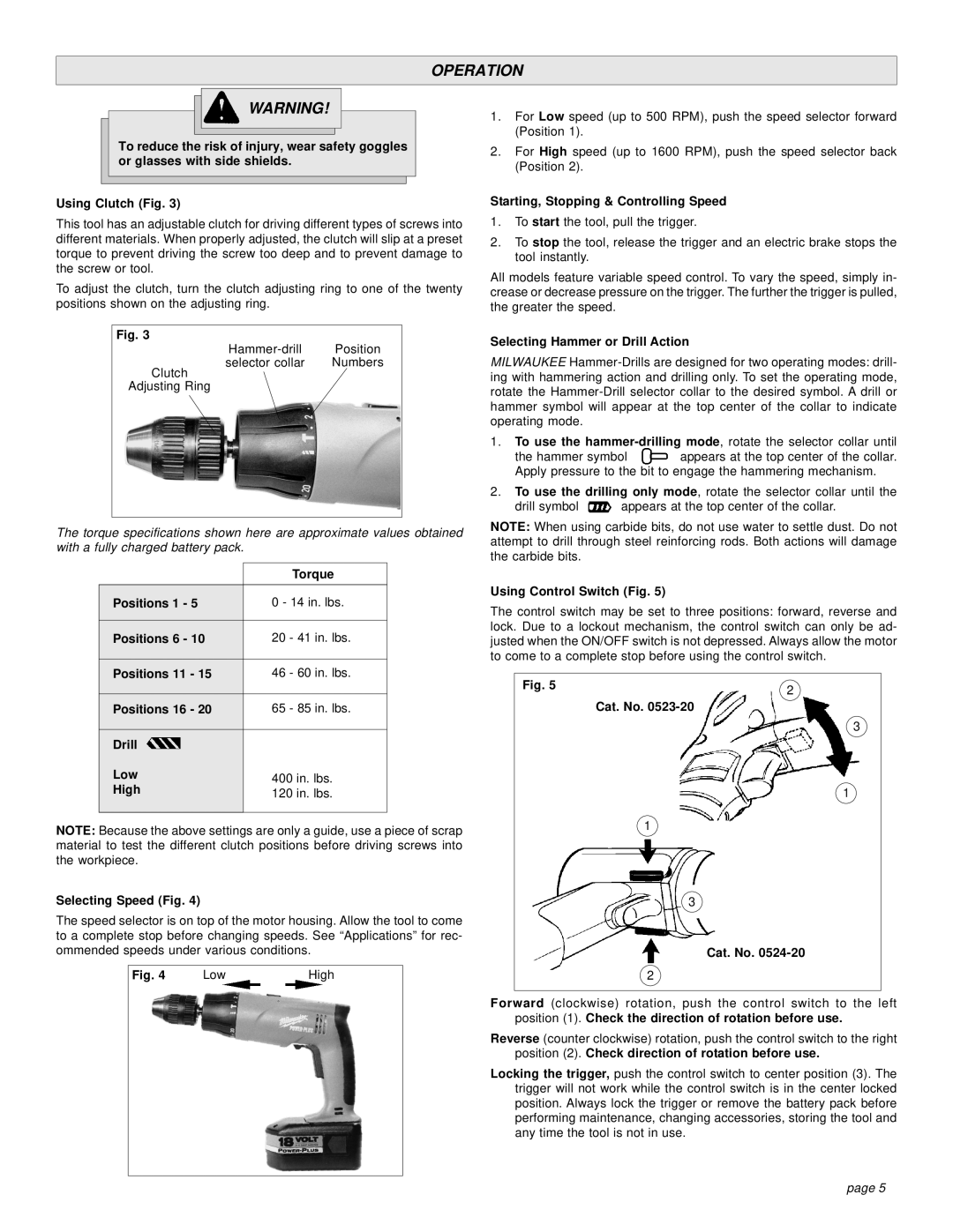 Sanyo 0523-20, 0524-20 manual Operation, Starting, Stopping & Controlling Speed, Selecting Hammer or Drill Action, Torque 