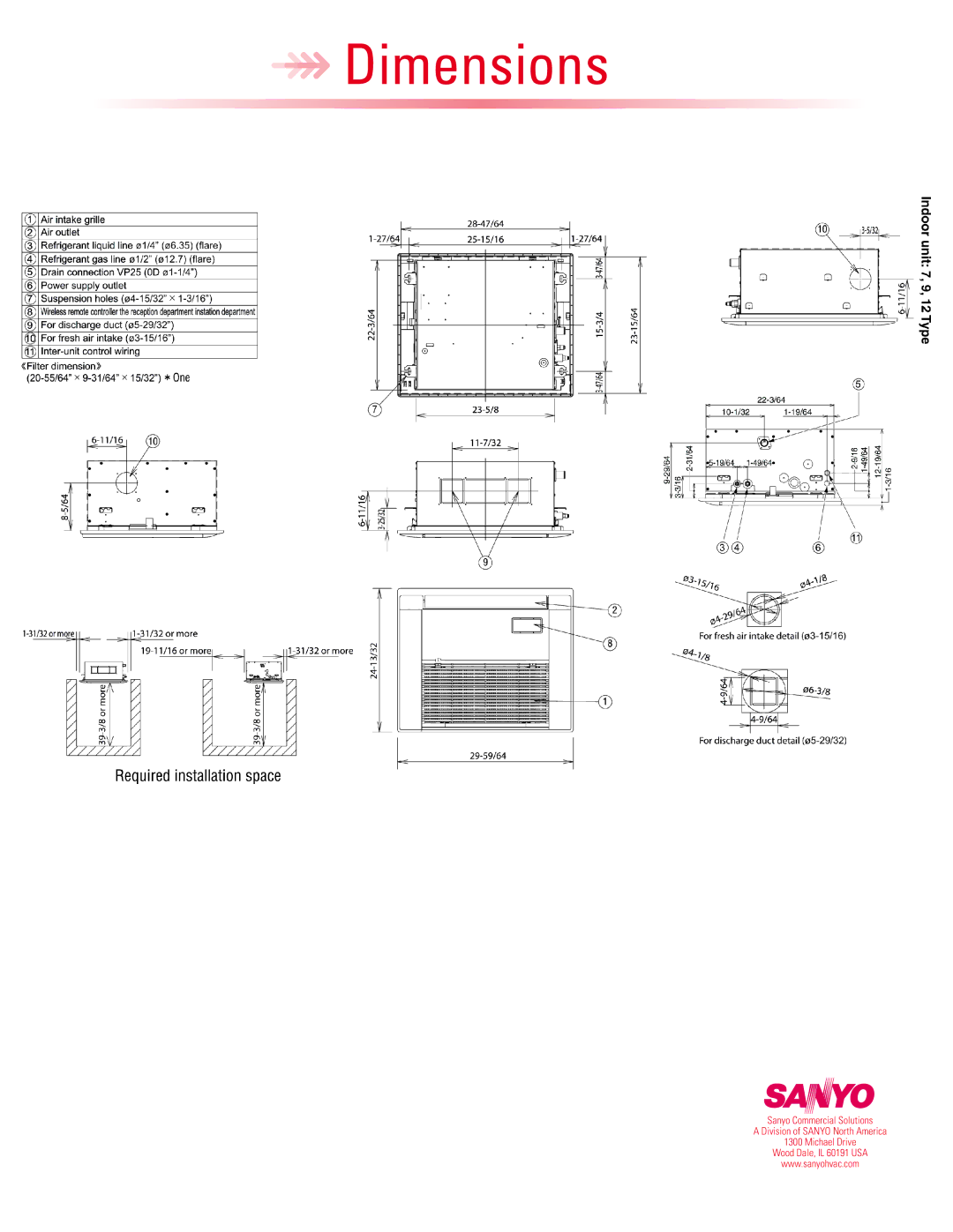 Sanyo 07AHX52 warranty Dimensions 