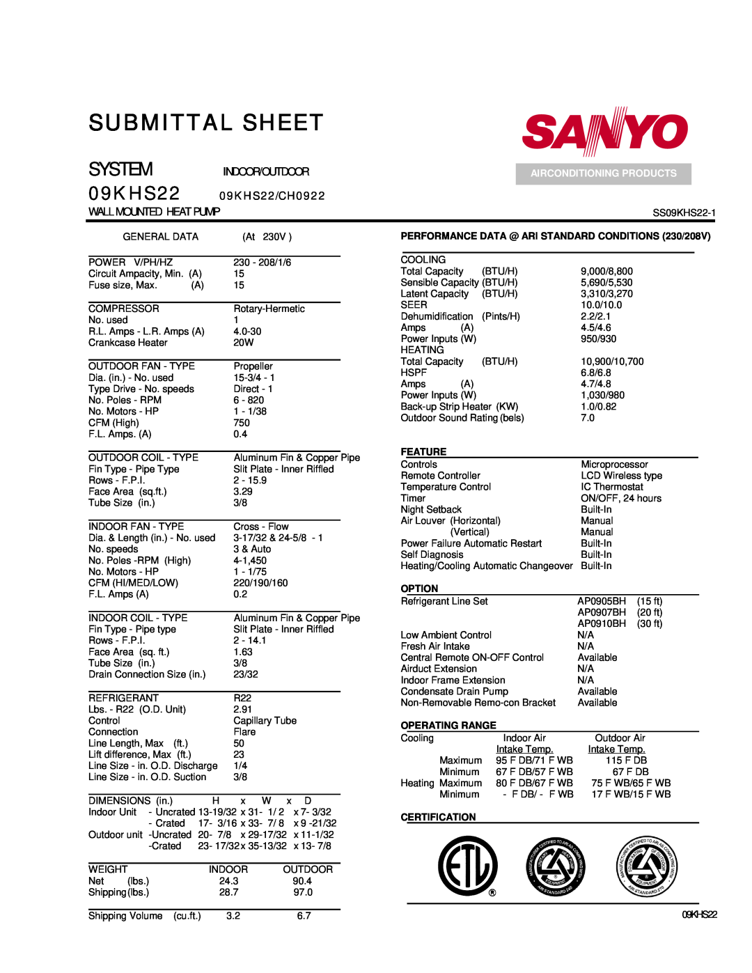 Sanyo dimensions 09KHS22/CH0922, Submittal Sheet, System, Indoor/Outdoor, Airconditioning Products, Feature, Option 