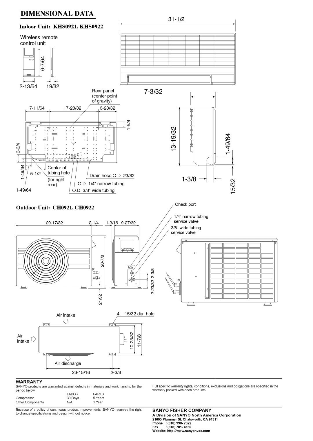 Sanyo 09KHS22 dimensions Warranty, Sanyo Fisher Company, Dimensional Data, 7-3/32, 13-19/32 1-3/8, 1-49/64 15/32, 31-1/2 