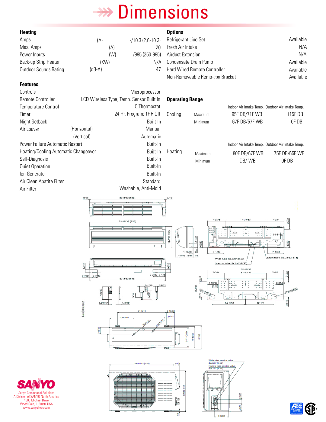 Sanyo 09KHS71 dimensions Heating Options, Features, Operating Range, 0F DB 