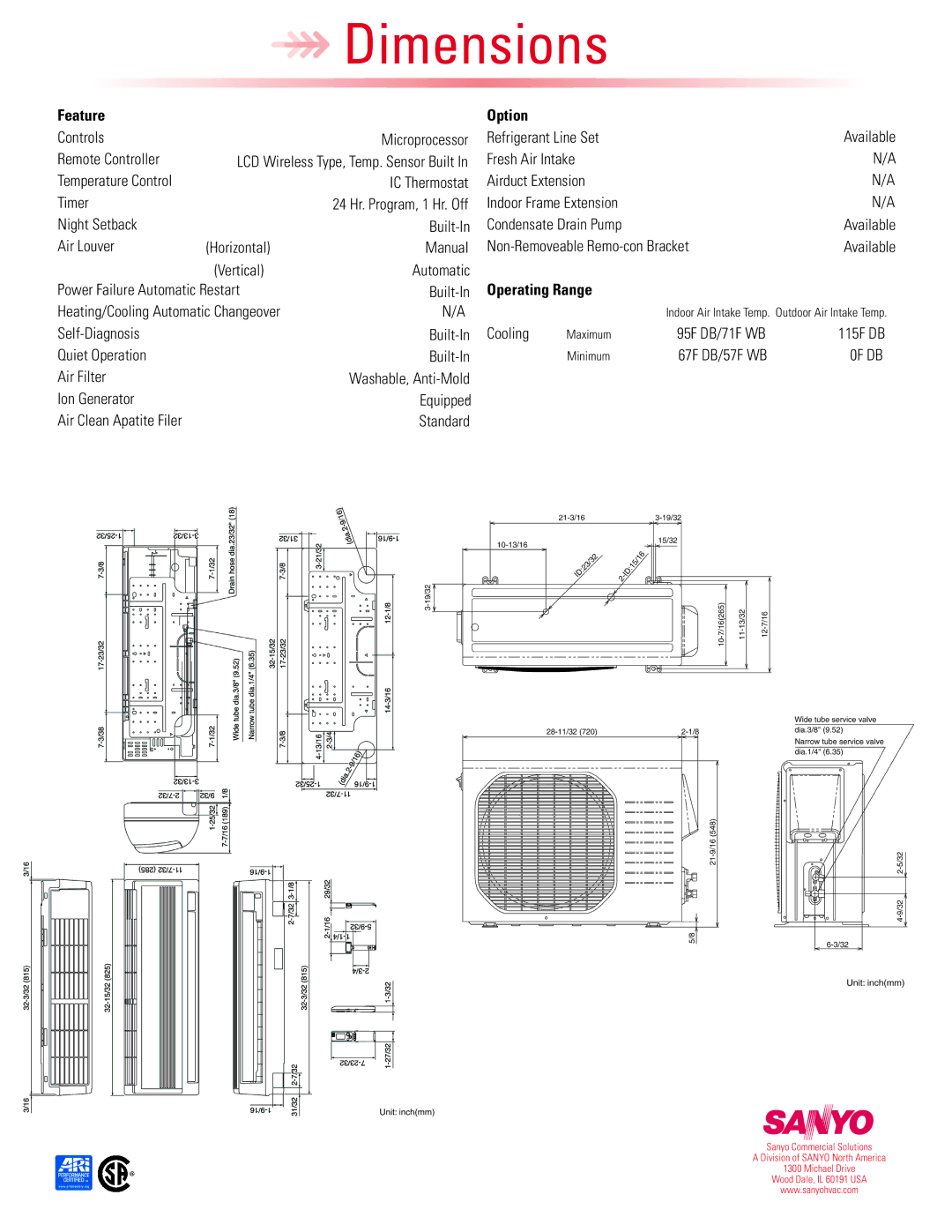 Sanyo 09KLS71 dimensions Feature Option, Operating Range, 0F DB 