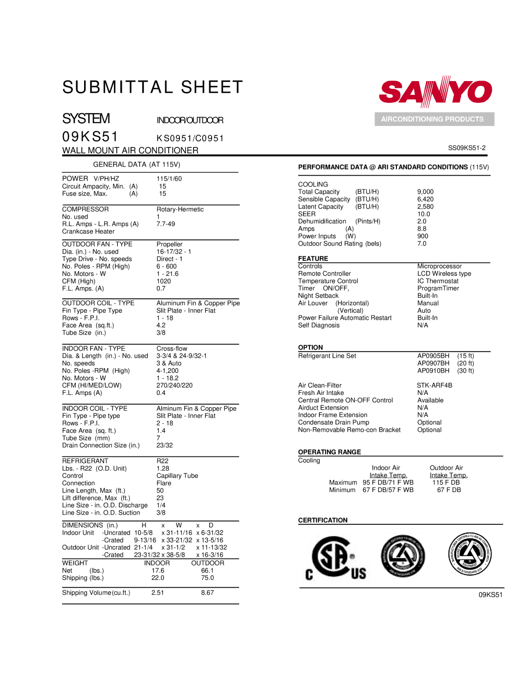 Sanyo 09KS51 dimensions Feature, Option, Operating Range, Certification 