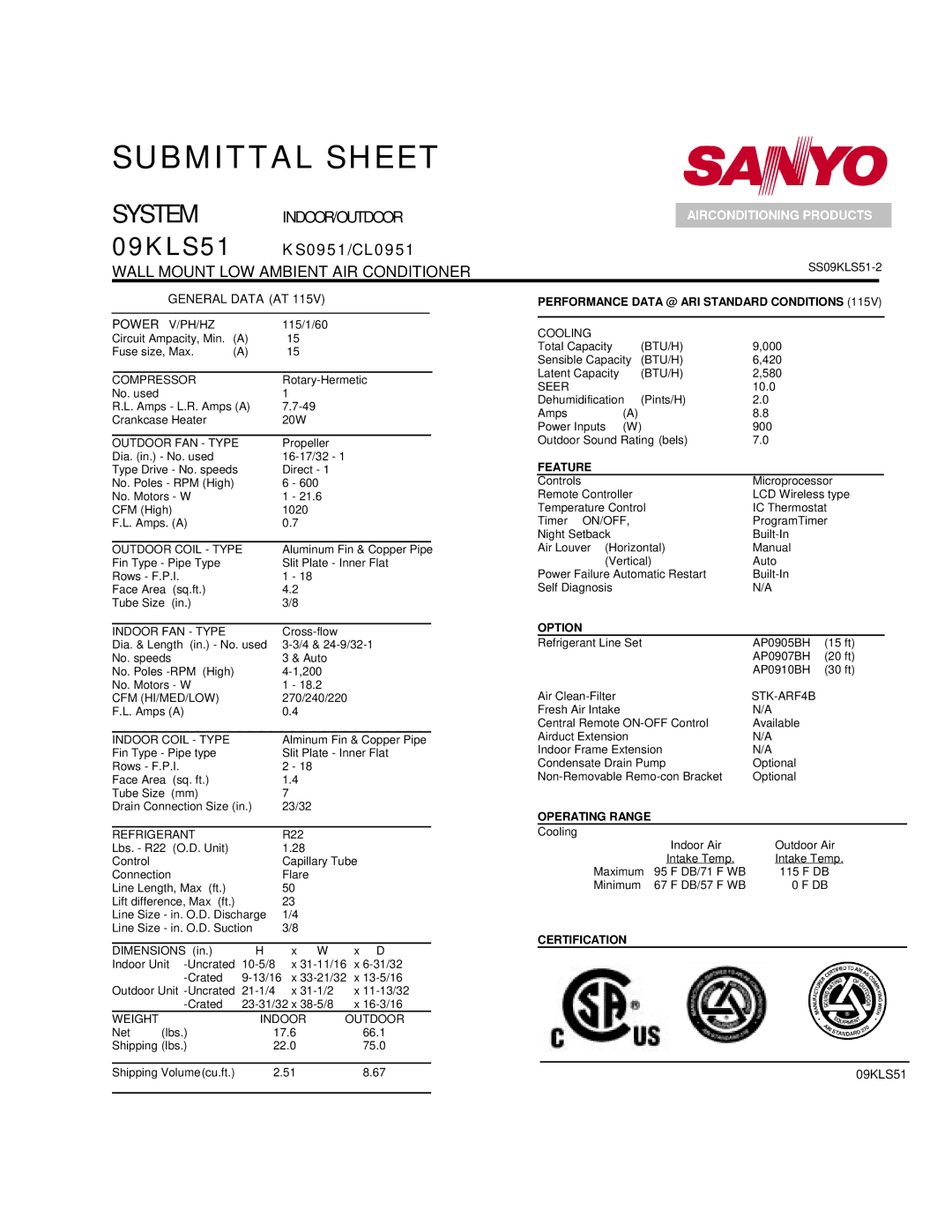 Sanyo 09KS51 dimensions 09KLS51, STK-ARF4B CFM HI/MED/LOW 