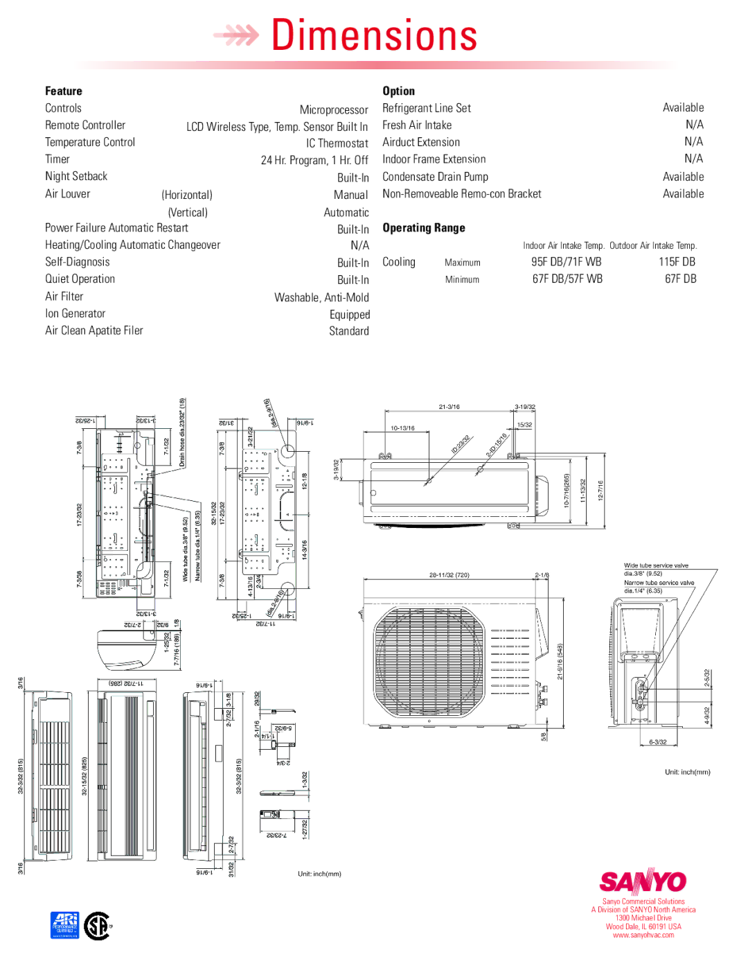 Sanyo 09KS71 dimensions Feature Option, Operating Range 