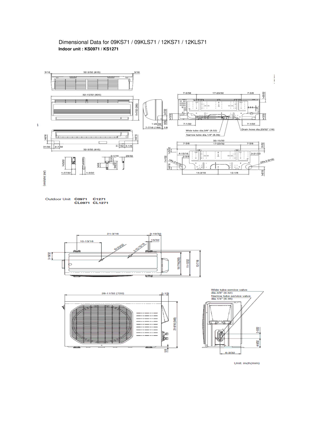 Sanyo manual Dimensional Data for 09KS71 / 09KLS71 / 12KS71 / 12KLS71 