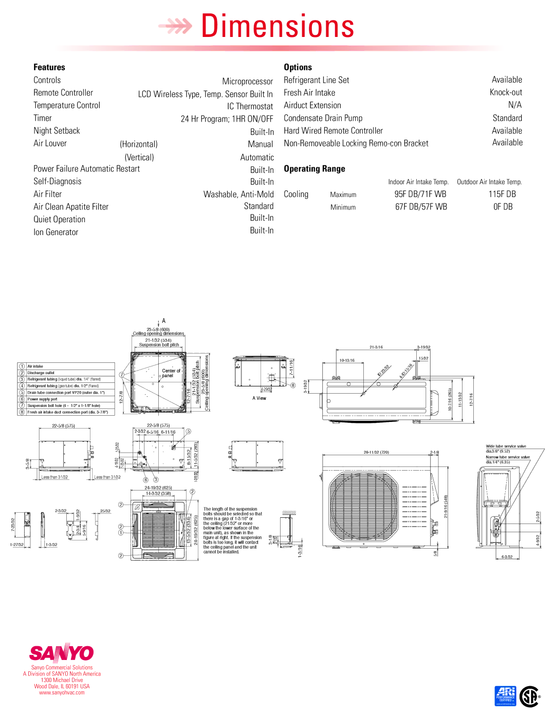 Sanyo 12XLS71 dimensions Features, Options, Operating Range, 0F DB 