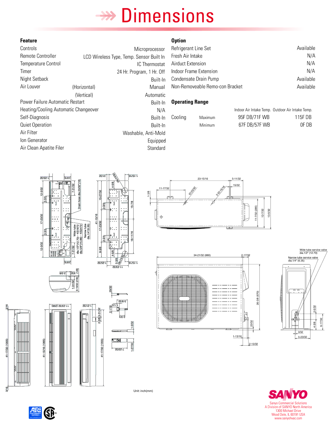 Sanyo 18KLS72 dimensions Feature Option, Operating Range, 0F DB 