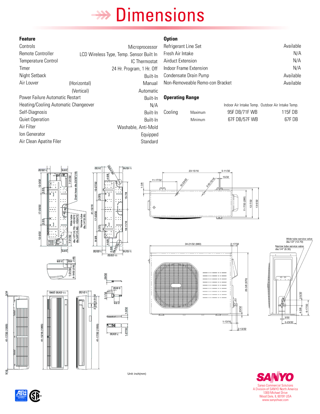 Sanyo 18KS72 dimensions Feature Option, Operating Range 