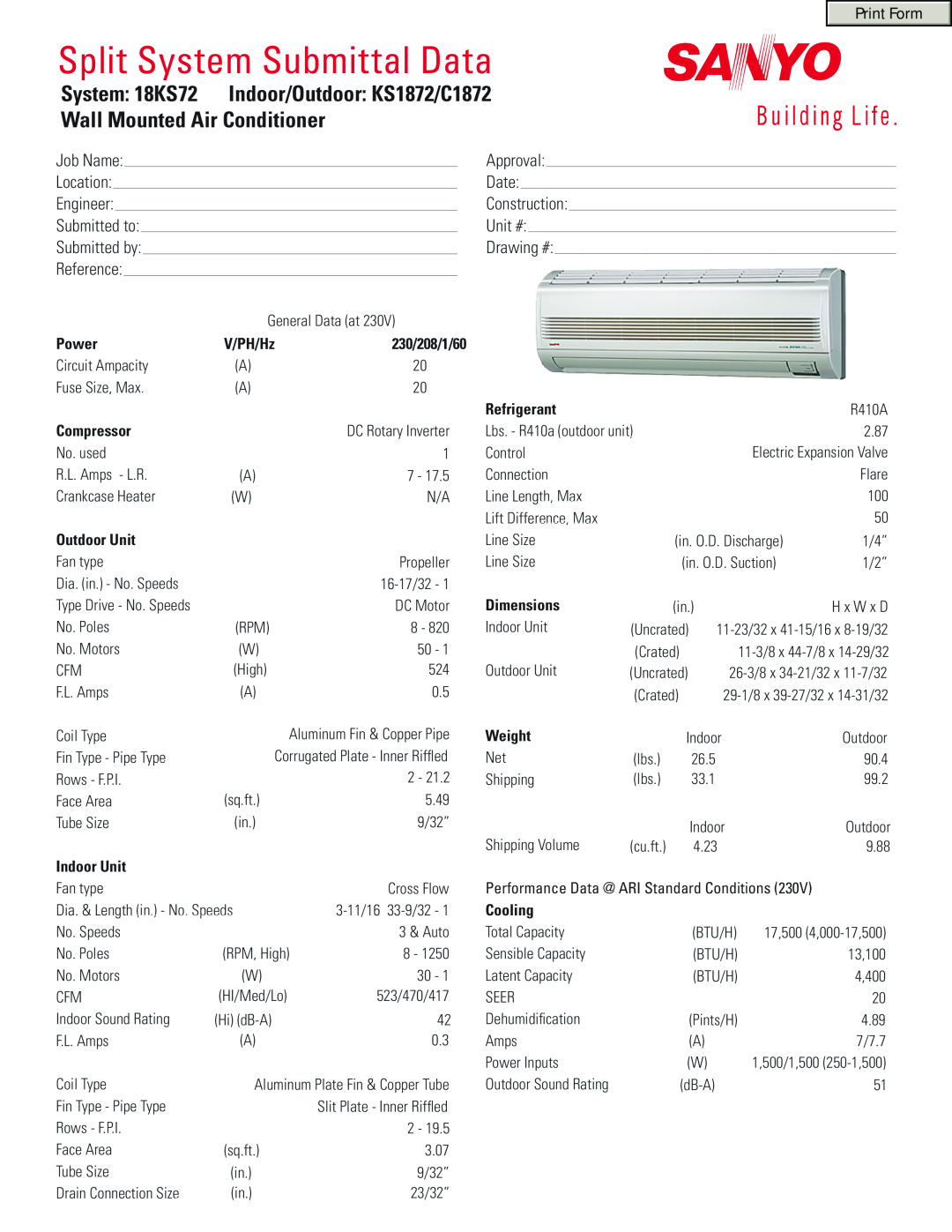 Sanyo dimensions Split System Submittal Data, System 18KS72 Indoor/Outdoor KS1872/C1872, Wall Mounted Air Conditioner 