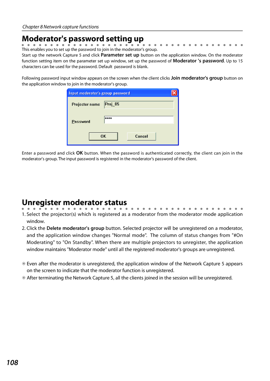 Sanyo 1AV4U19B25500 owner manual Moderators password setting up, Unregister moderator status, 108 