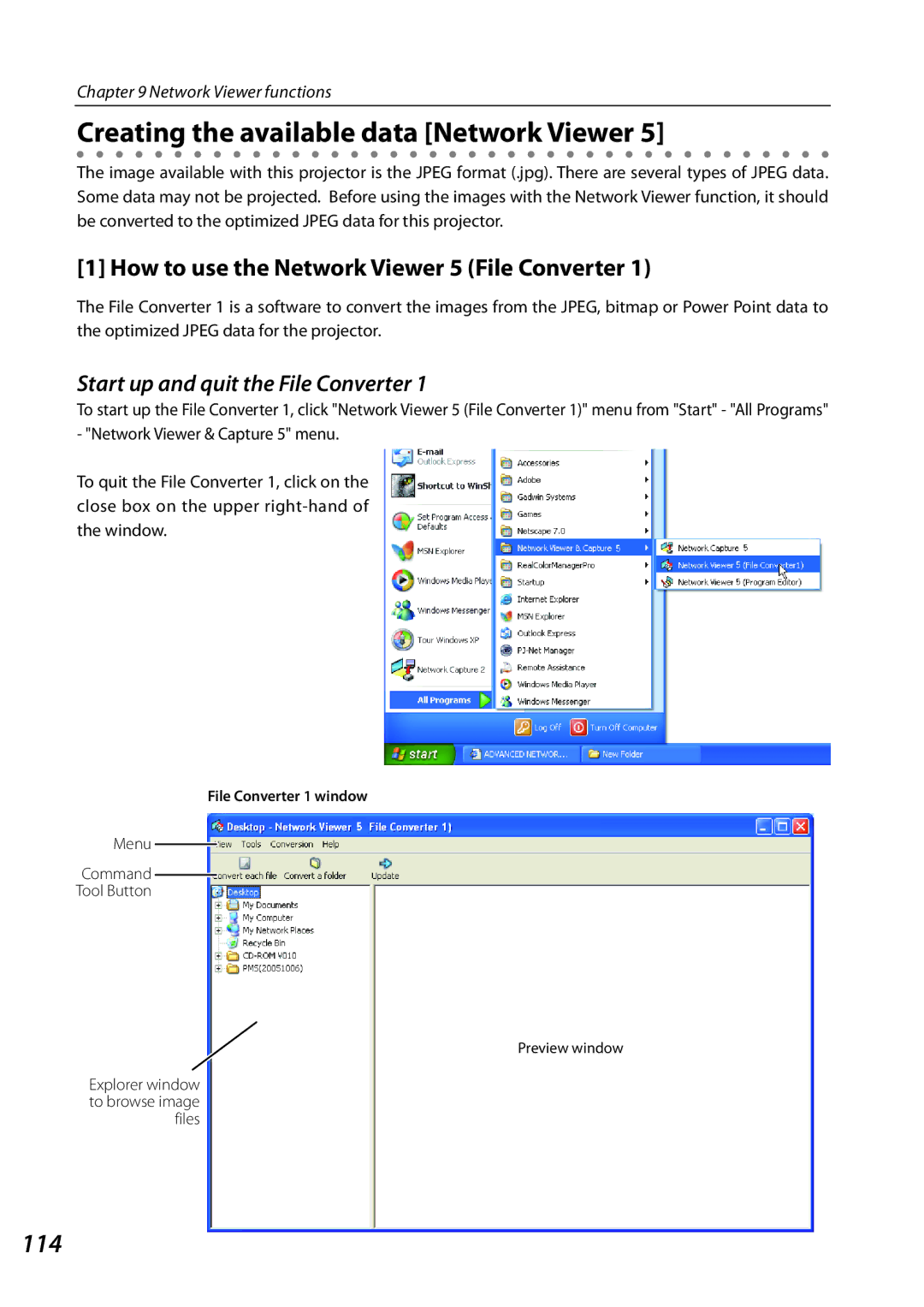 Sanyo 1AV4U19B25500 Creating the available data Network Viewer, 114, How to use the Network Viewer 5 File Converter 