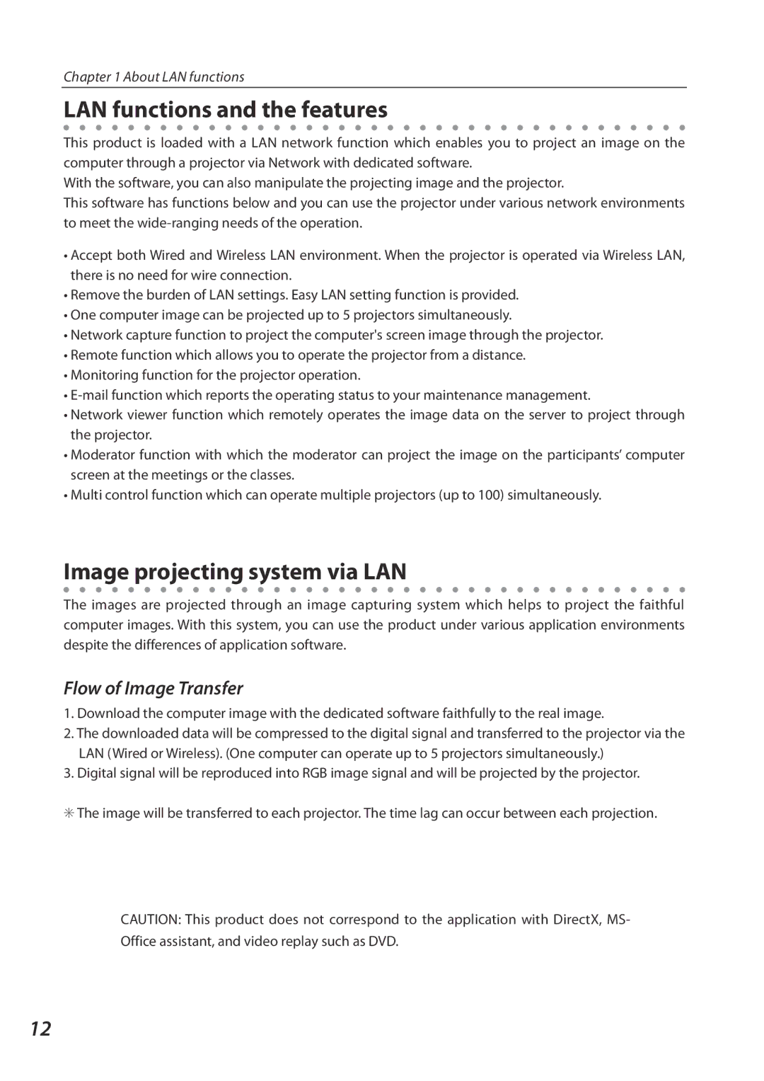 Sanyo 1AV4U19B25500 owner manual LAN functions and the features, Image projecting system via LAN, Flow of Image Transfer 