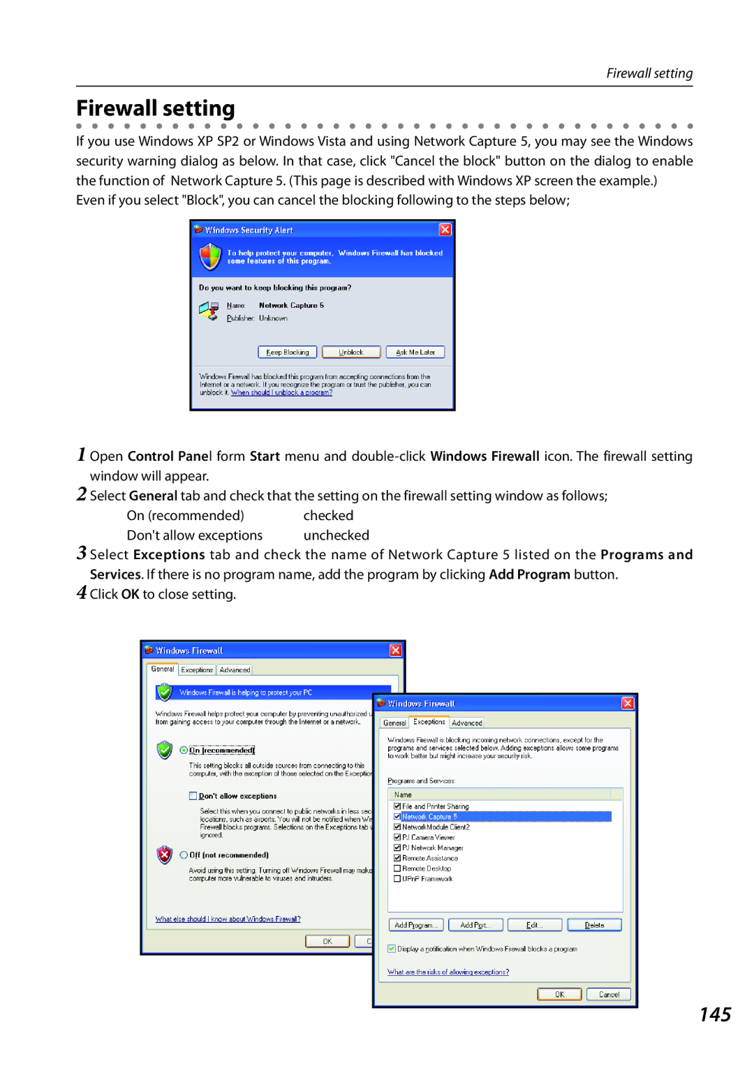 Sanyo 1AV4U19B25500 owner manual Firewall setting, 145, On recommended Checked Dont allow exceptions Unchecked 