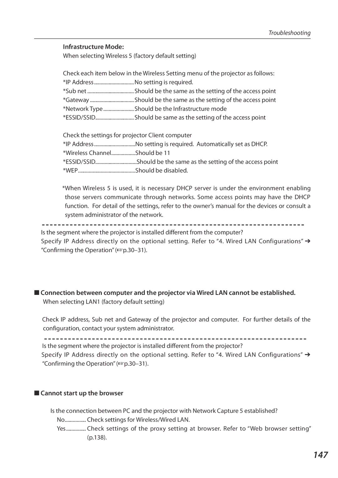 Sanyo 1AV4U19B25500 owner manual 147, Infrastructure Mode, Cannot start up the browser 