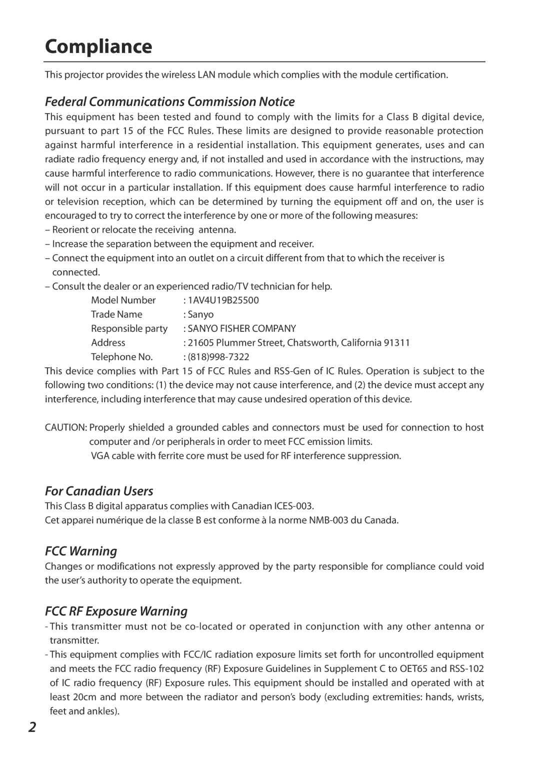 Sanyo 1AV4U19B25500 Federal Communications Commission Notice, For Canadian Users, FCC Warning, FCC RF Exposure Warning 