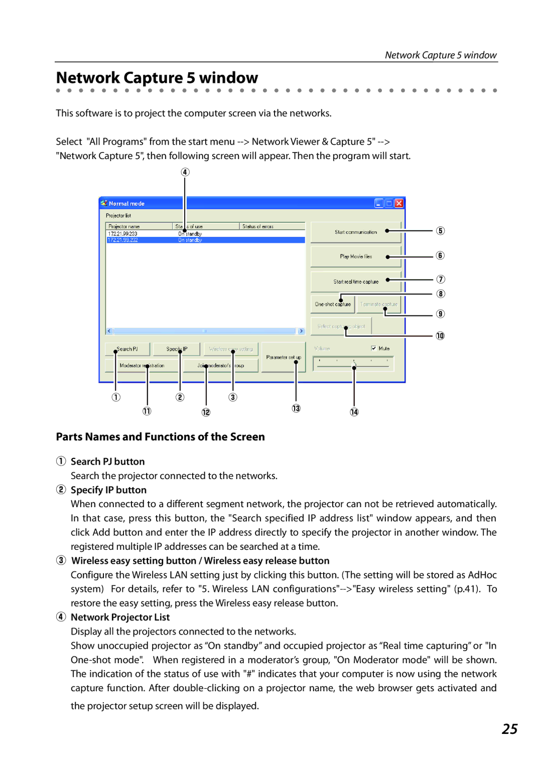 Sanyo 1AV4U19B25500 owner manual Network Capture 5 window, Search PJ button, Specify IP button, Network Projector List 